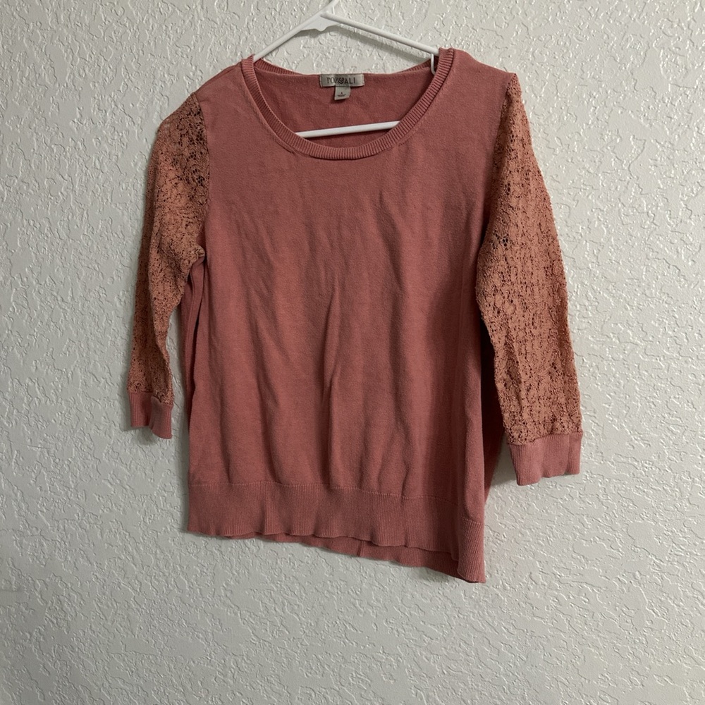 3/$7 Roz & Ali Pink Lace 3/4 Sleeve Sweater size L